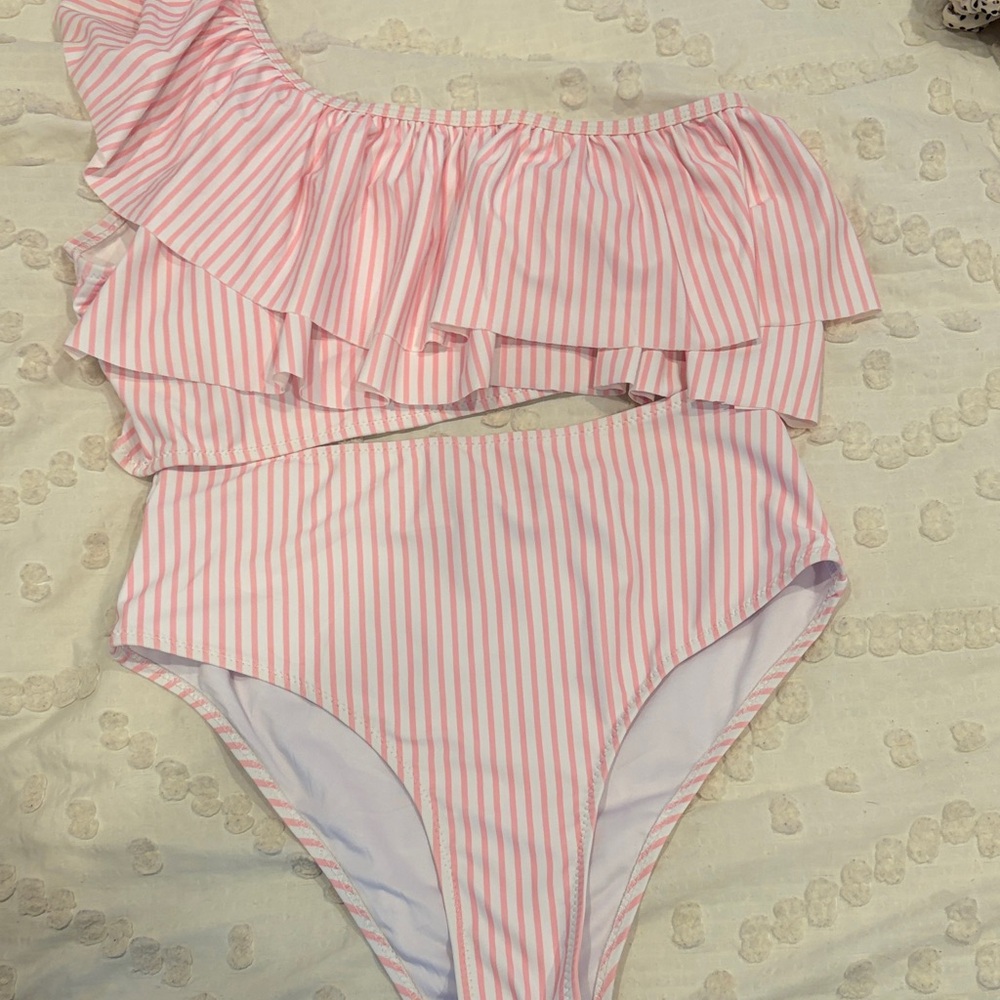 Pink Striped One-Shoulder Swimsuit
